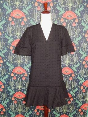 Pearl By Lela Rose Black Dotted Cotton Flounce Mini Drop Waist Dress New XS
